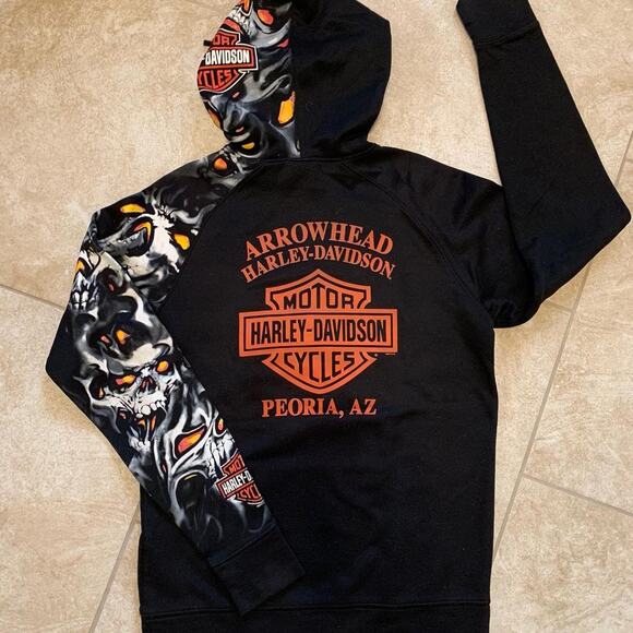 Harley Davidson Other - Y2K Vintage Harley Davidson Skull Flames Sleeve Hoodie